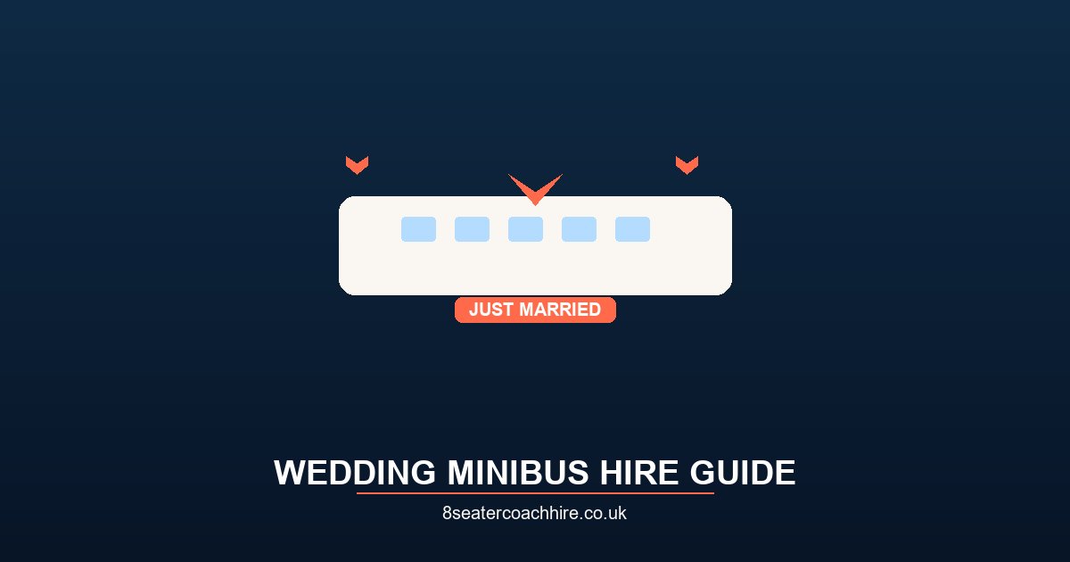 White minibus decorated with ribbons outside a UK wedding venue